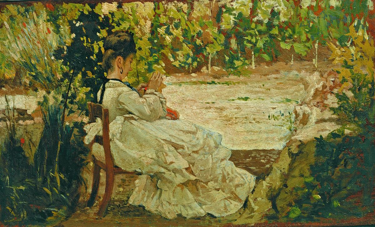 Giovanni Fattori, Signora in giardino, circa 1875 olio su tavola, 14,5 × 23,5 cm collezione privata