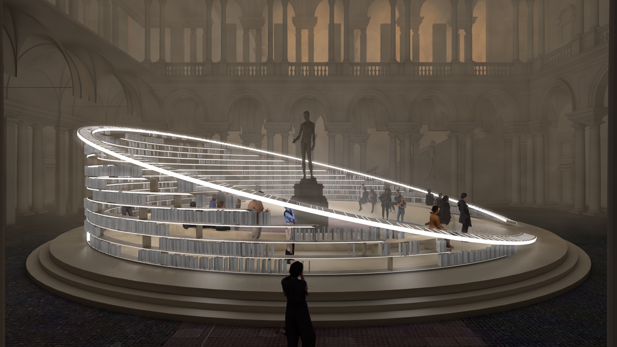 Es Devlin. Library of Light Pinacoteca di Brera – Cortile d’Onore Salone del Mobile.Milano 2025 ©Es Devlin Studio