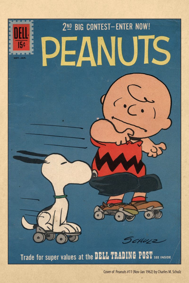 Una copertina di un fumetto dei Peanuts con Snoopy pattinatore provetto