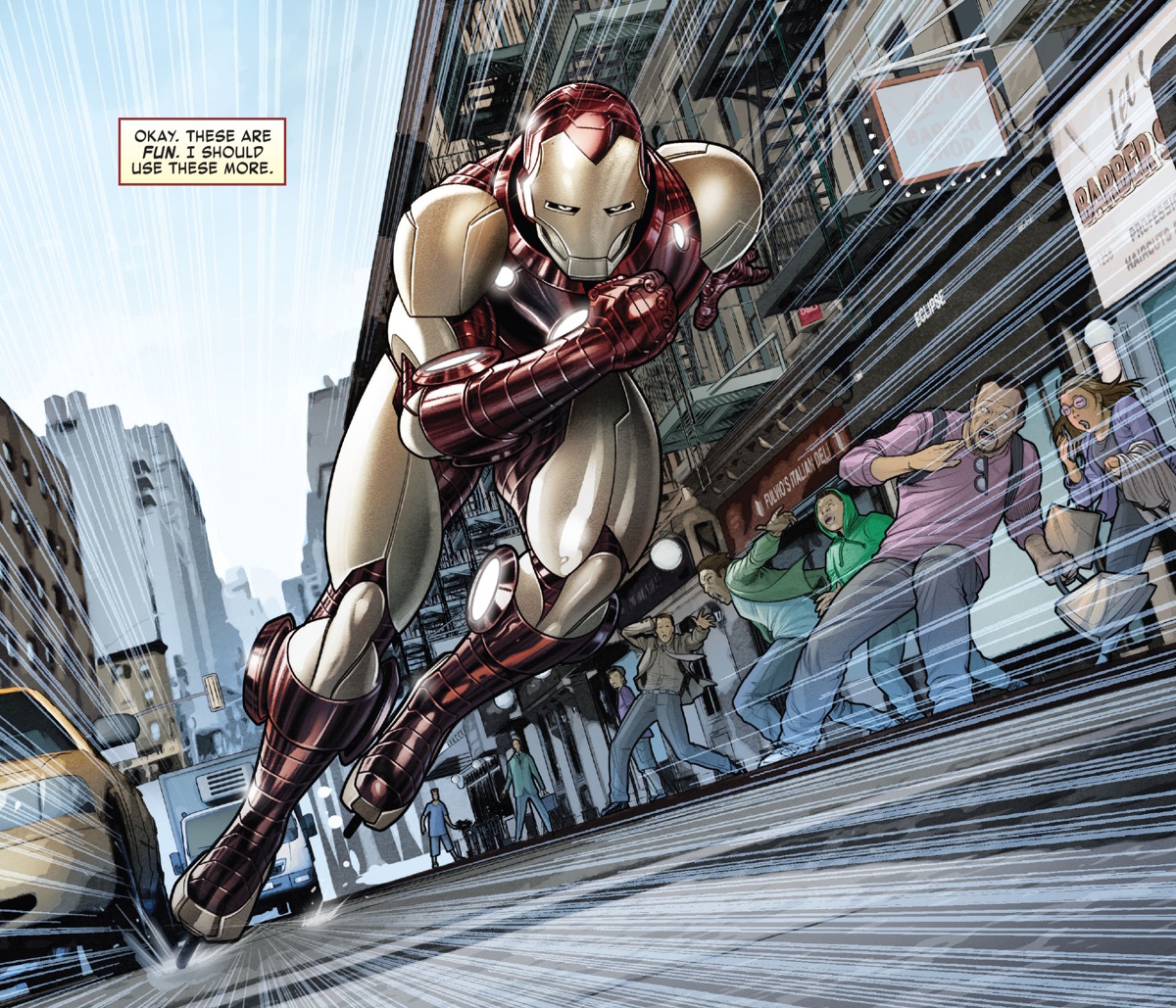 Uno dei mille gadget dell'armatura di Iron Man sono i pattini a rotelle