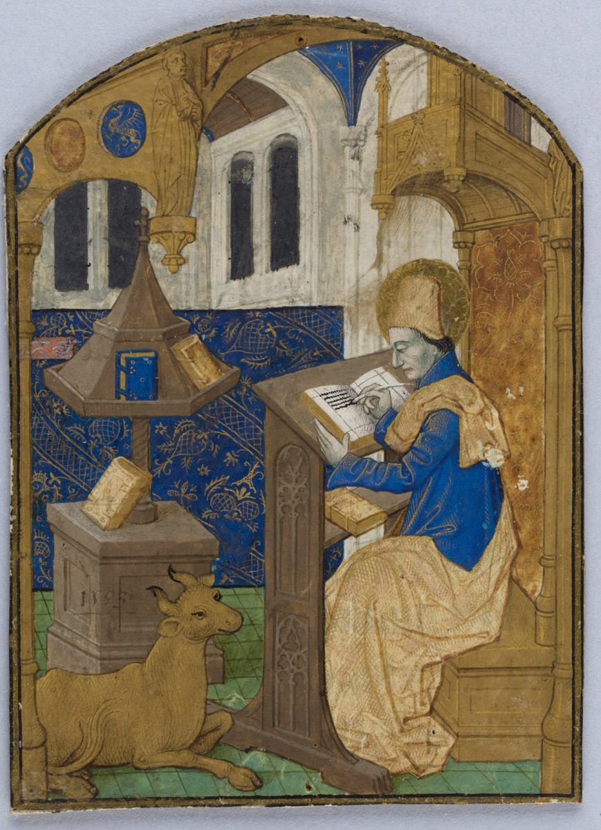 388/M Miniatura da Libro d’Ore con San Luca evangelista, Maestro dell'Échevinage di Rouen, 1503, cm 11,4 x 8,3