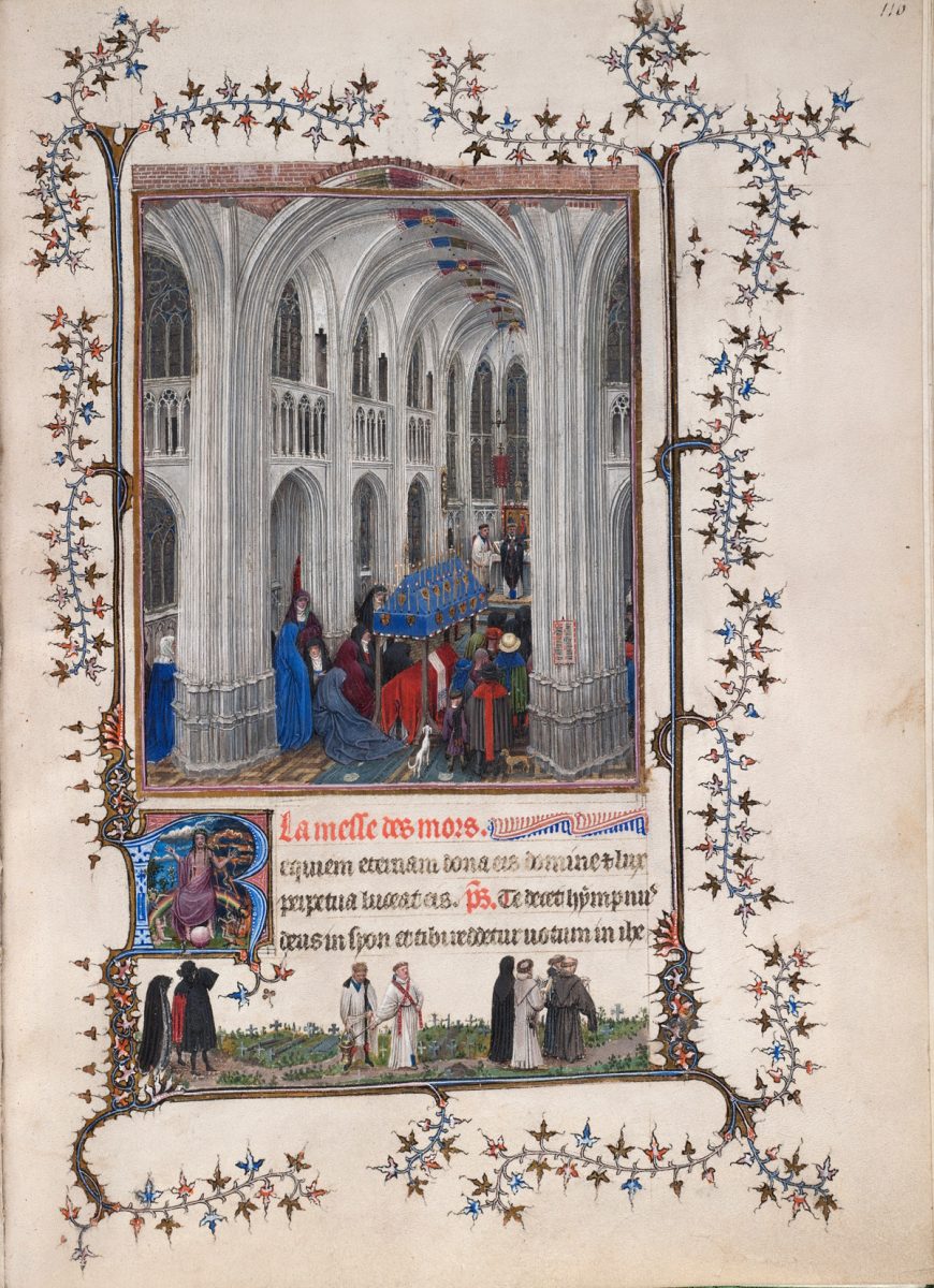 467/M, f. 116 Très Belles Heures de Notre Dame de Jean de Berry, codice noto anche come Ore di Torino-Milano, "Messa dei morti”, Jan Van Eyck, 1420-1424, mm 203 x 283