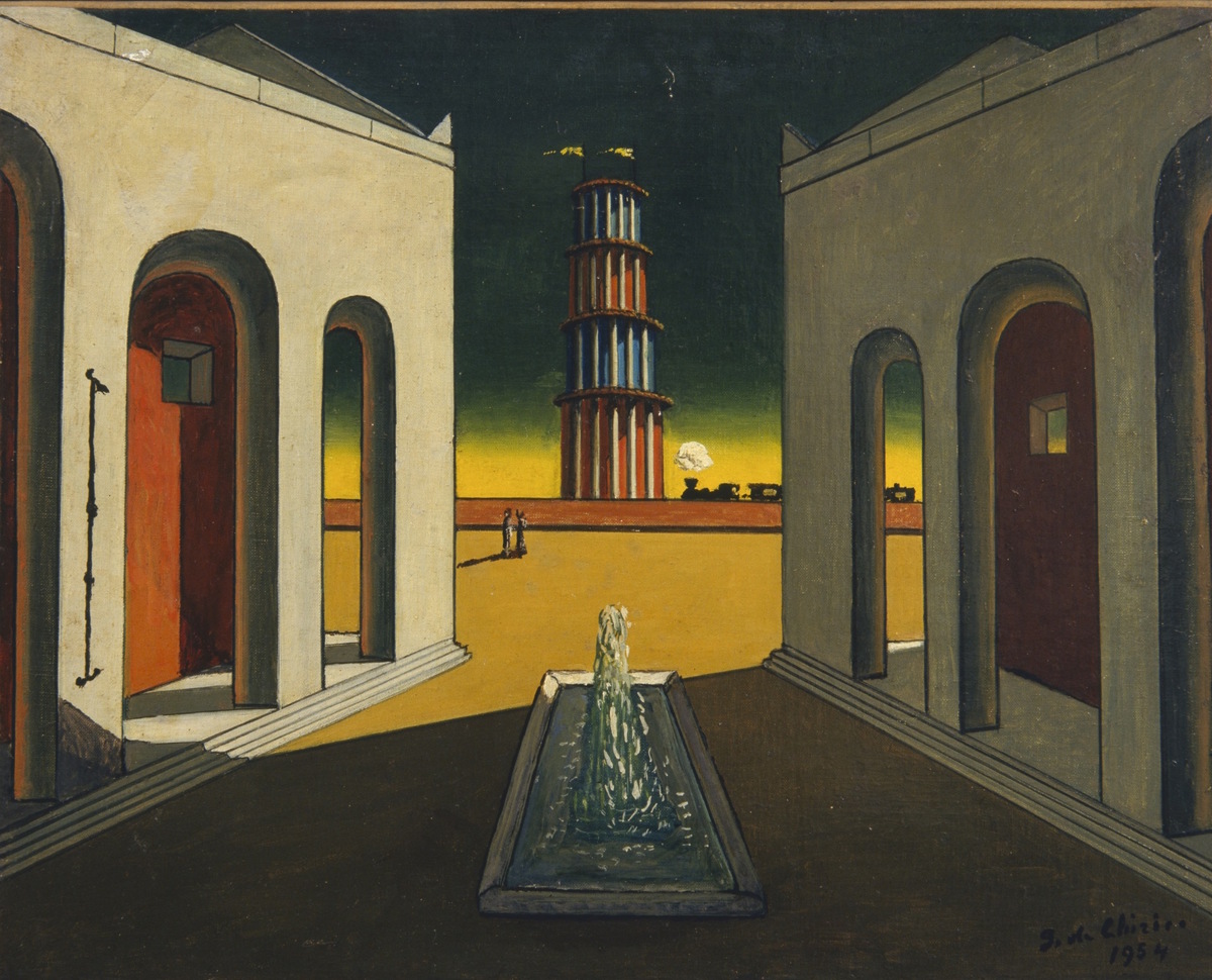 Giorgio de Chirico, Piazza d’Italia con fontana, 1965 ca olio su tela, cm 40x50 (inv. 4) Fondazione Giorgio e Isa de Chirico © Giorgio de Chirico, by SIAE 2025