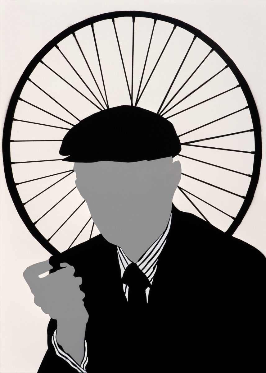 Mr. Savethewall, Elogio dei paradigmi effimeri Marcel Duchamp, 2025 Acrilico spray e stencil su tela 70×50 cm © 2025 Galleria Deodato Arte