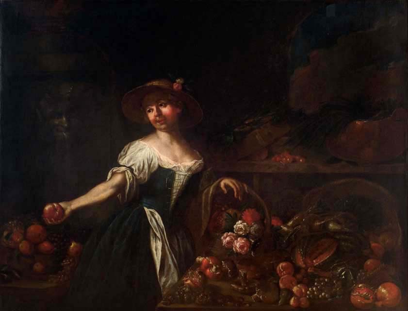 JOHANN MICHAEL LICHTENREIT (attribuito)(Passau, Germania, 1705 – Gorizia, 1780) Venditrice di frutta e fiori, 1750 ca. Olio su tela