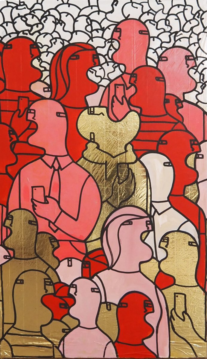 Fabrizio Dusi, Babel reborn, 2025, legno rivestito di coperta isotermica dipinta, 222 x 130 x 40 cm, Courtesy l’artista