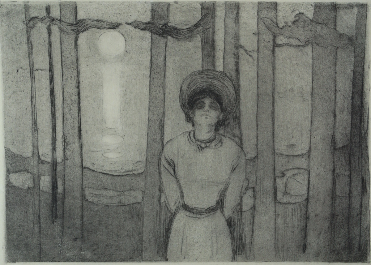 Edvard Munch, Chiaro di luna, 1895-Puntasecca e acquatinta, 239 × 310 mm. Venezia, Ca’ Pesaro - Galleria Internazionale d’Arte Moderna