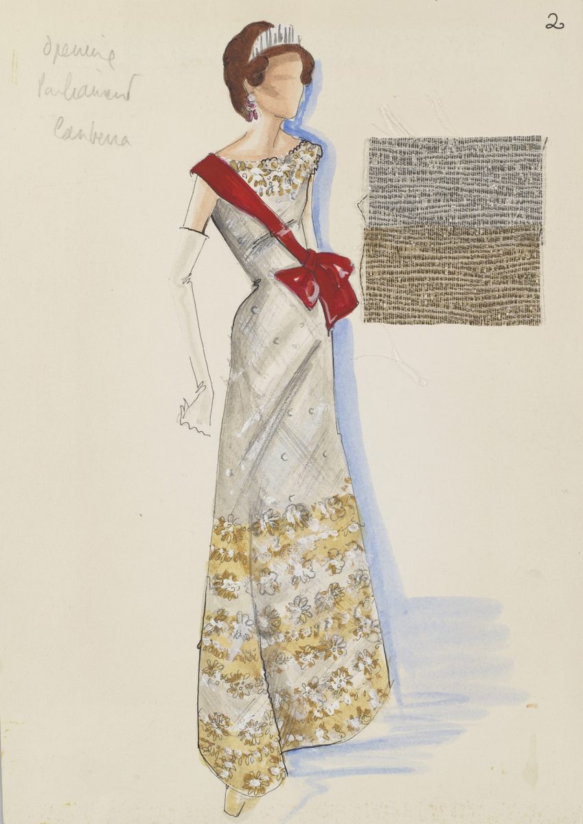 Illustration for a silver lamé beaded shift dress worn during a State Visit to France in 1972, Norman Hartnell
