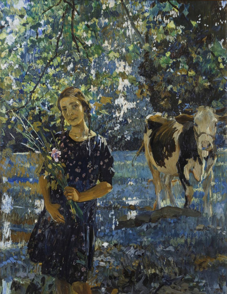 Ettore Tito (Castellamare di Stabia, 1859-Venezia, 1941), Tra le foglie, ante 1930, olio su cartone (non ha SIAE vigono i 50 anni)