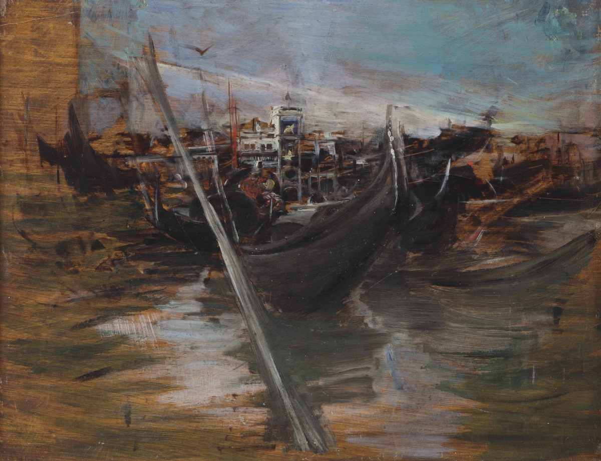 Giovanni Boldini (Ferrara, 1842-Parigi, 1931), Gondole a Venezia, 1900-1905, olio su tavola
