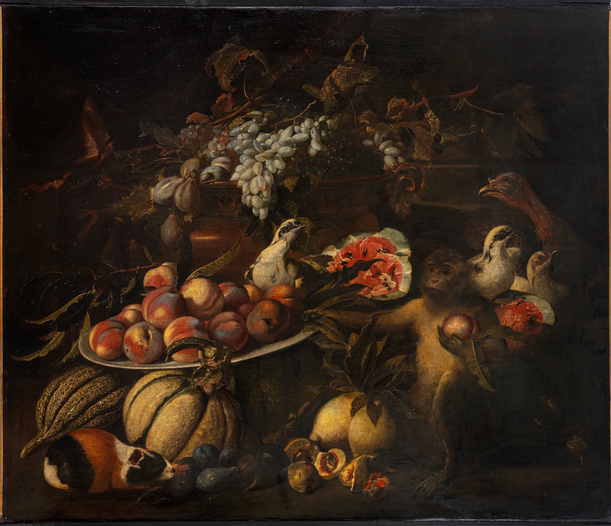 Lotto 187 - Pittore fiammingo attivo in Italia, secolo XVII Natura morta di frutta con scimmia, porcellino d'india e volatili