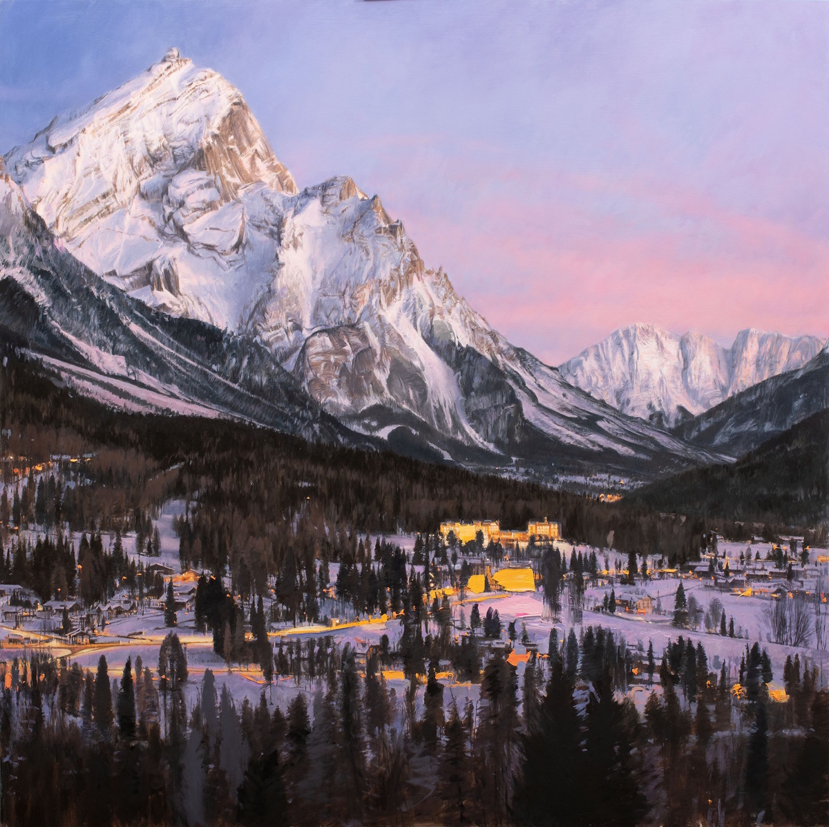 Nicola Nannini, Cortina. Una sera di inverno, 2025. Olio su tavola (100x100 cm)