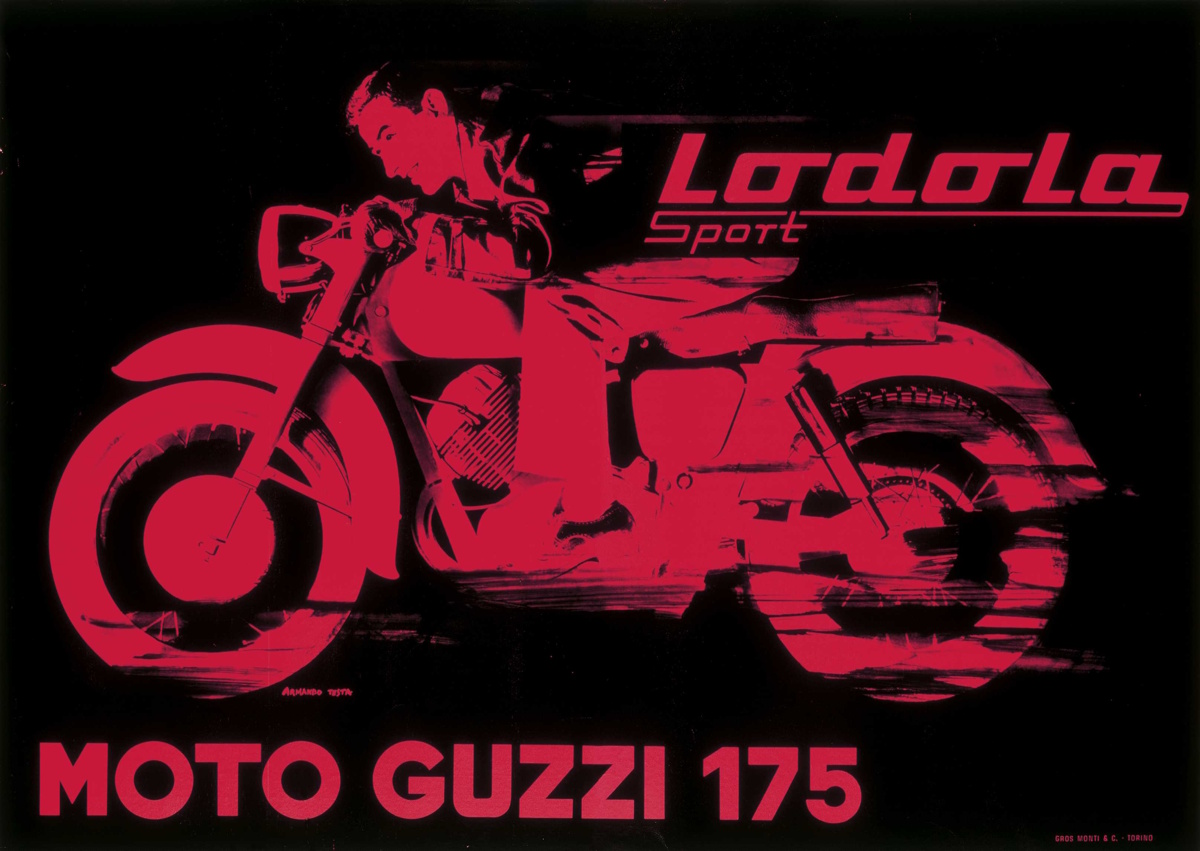 Moto Guzzi 175 , 1954 stampa serigrafica su carta montata su tela e telaio 100 × 140 cm Courtesy Gemma De Angelis Testa e TestaperTesta Credito fotografico: Scansione da fotocolor originale, © Testa per Testa