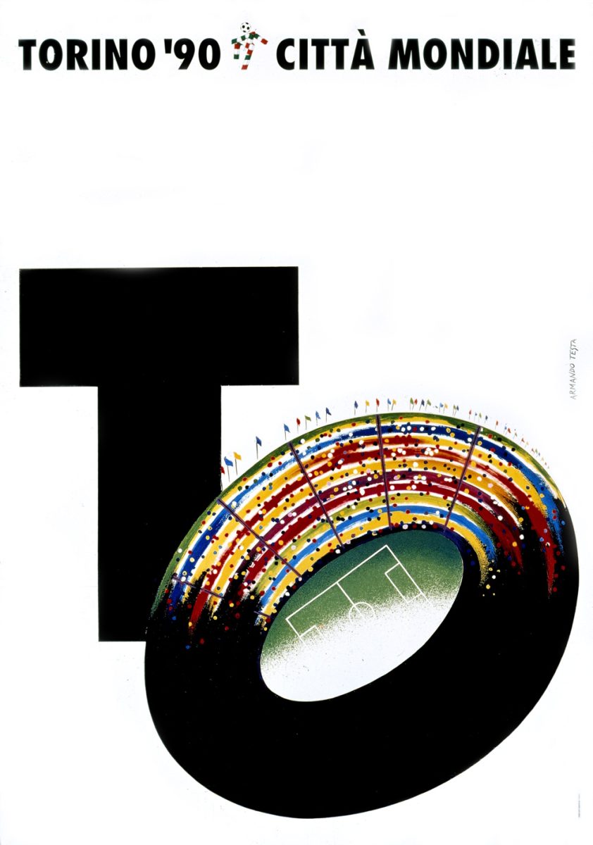 Torino ’90 , 1990 stampa tipografica su carta montata su tela e telaio 100 × 70 cm Courtesy Gemma De Angelis Testa e TestaperTesta Credito fotografico: Fabio Mantegna