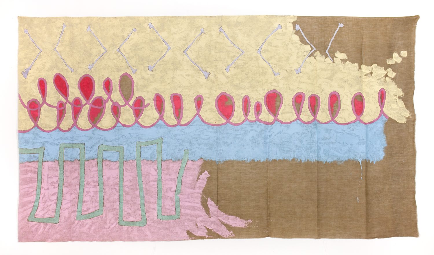 L'opera Arabesco Doppio di Giorgio Griffa, 1986, con grandi campiture di colore su tela libera