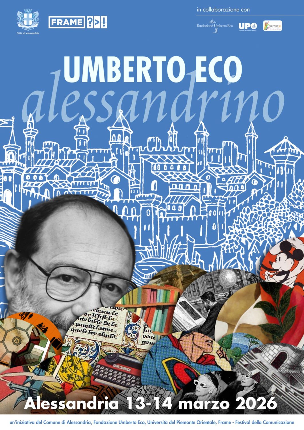 Locandina dell'evento Umberto Eco alessandrino con date, sedi e principali ospiti ad Alessandria