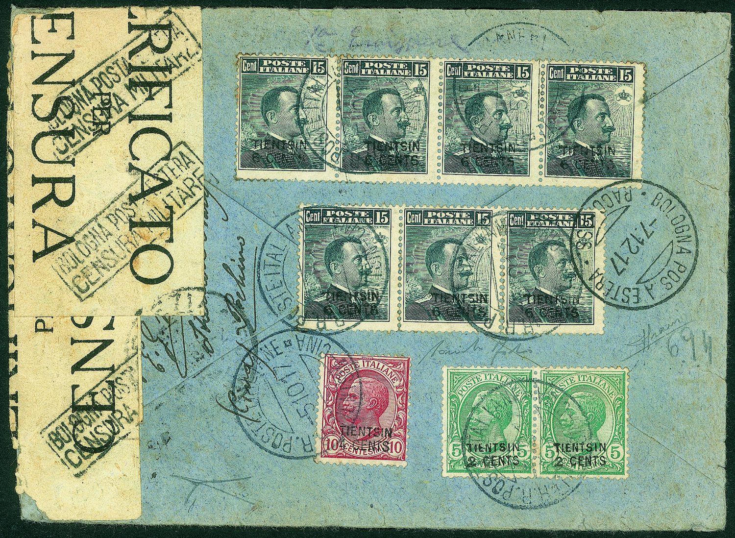 Raccomandata da Tientsin alla Spezia con affrancatura multipla soprastampata a mano