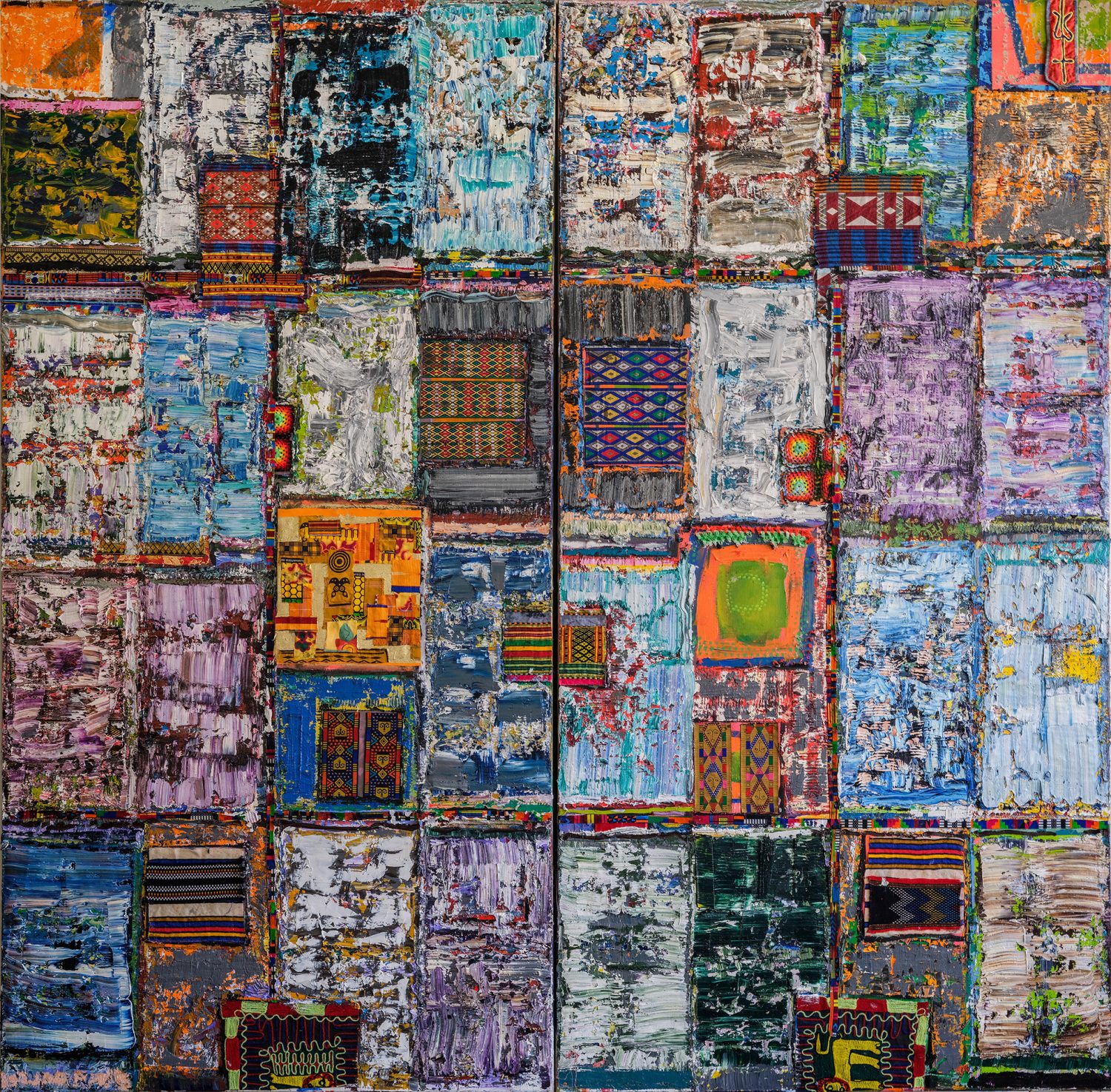 Dettaglio di un dipinto di Tegene Kunbi con tessuti sacri e materiali comuni.